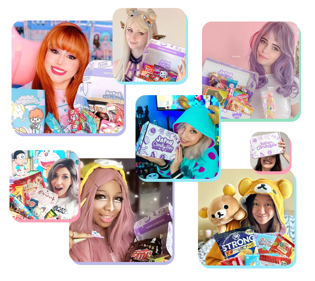 Collage of people holding and interacting with a Japanese Candy Box in various settings.